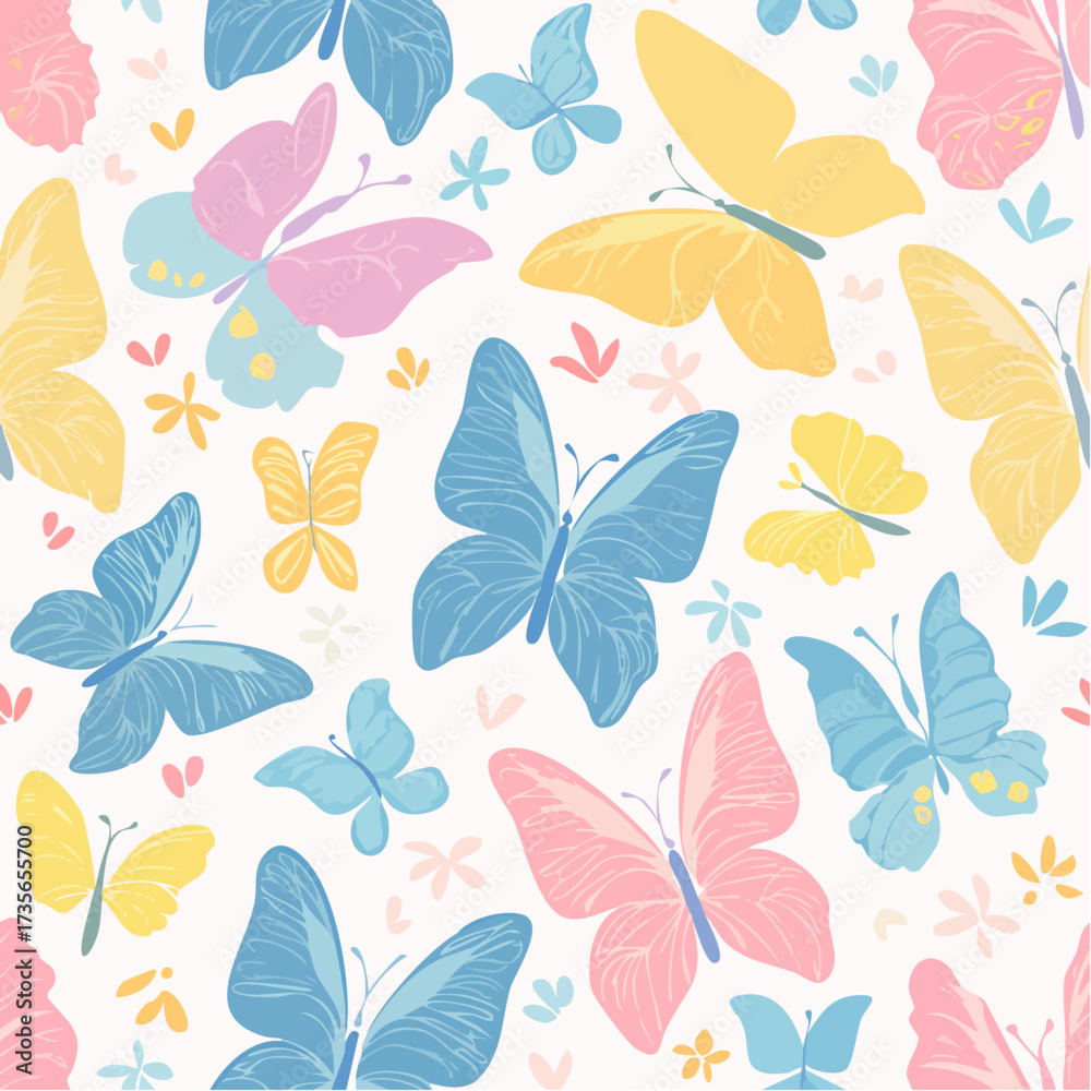 Obraz premium Pastel butterfly pattern with blue, pink, and yellow butterflies.