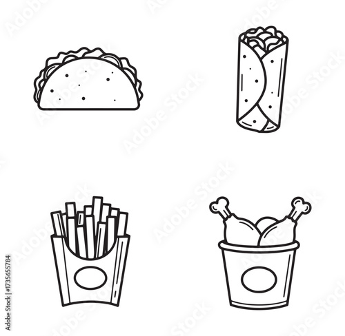 Hand drawn black and white illustration of delicious fast food items taco burrito french fries and fried chicken