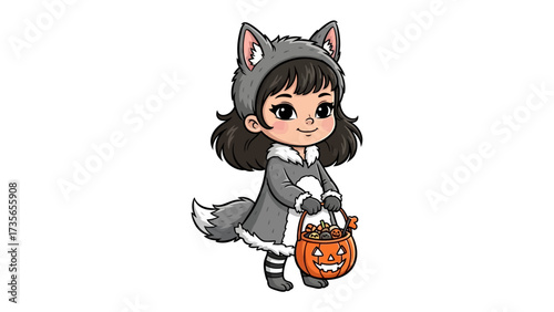 A Festive Encounter: A charming young girl dressed in a playful wolf costume carries a jack-o'-lantern candy bag, her cheerful spirit radiates the essence of a joyous celebration. 