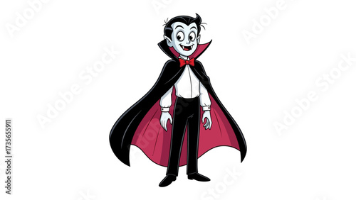 Playful Vampire Cartoon Illustration: A charming vampire illustration with a mischievous smile and a classic cape, ready for Halloween fun, perfect for children's stories and creative projects.