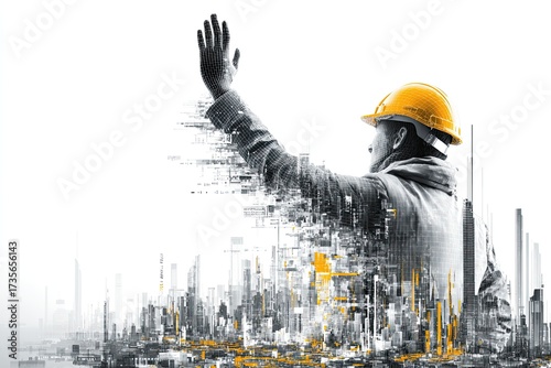 Construction worker with raised arm, overlaid with city, gray-scale, and yellow highlights