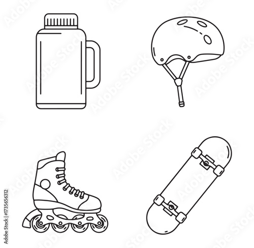 Illustrated black and white icons of a thermos helmet roller skate and skateboard