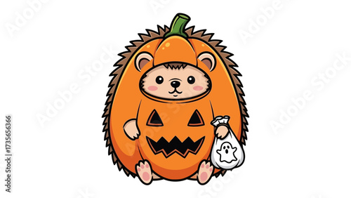Hedgehog in Halloween Costume: A charming cartoon hedgehog, dressed in a carved pumpkin suit and carrying a ghostly treat bag, embodies the spirit of autumn.