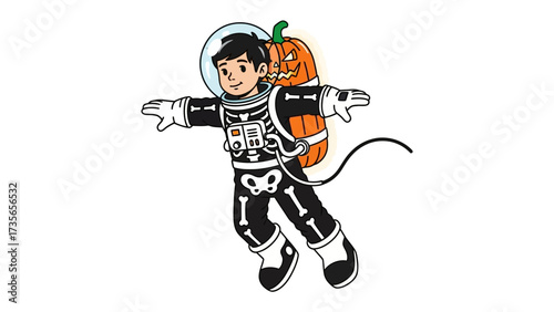 Halloween Astronaut with pumpkin: A cheerful cartoon astronaut with a pumpkin, floating in space with arms outstretched, combines the thrill of space exploration with the festive spirit of Halloween.
