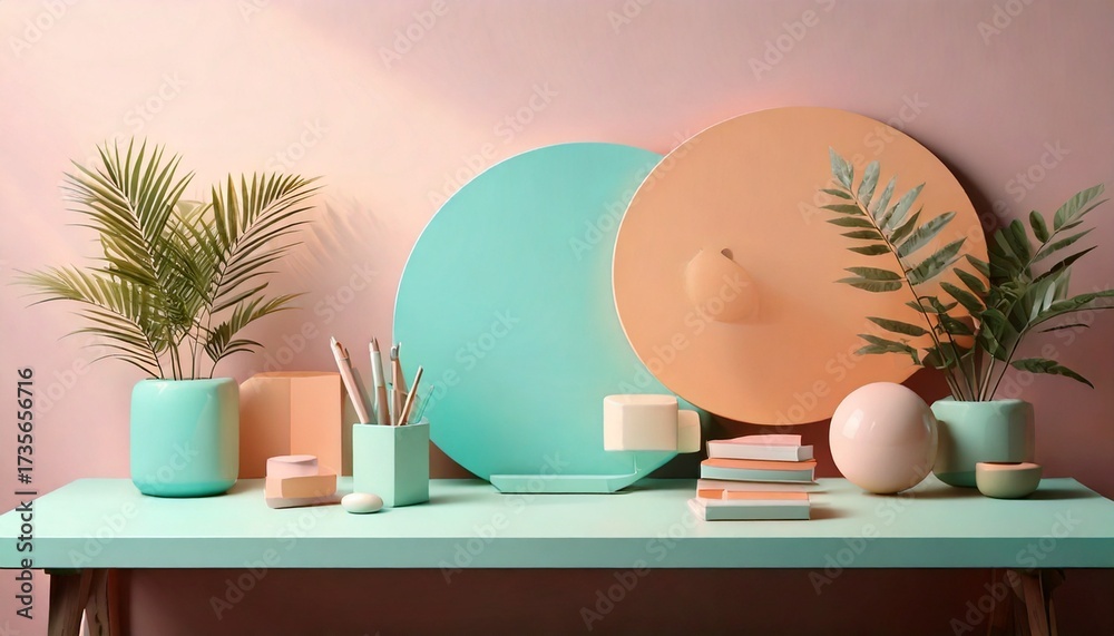 Fototapeta premium Solid Color Pastel Workspace with Minimal Design, Minimalist Workspace with Pastel Balance, Pastel Color Balance in Clean Workspace Setup