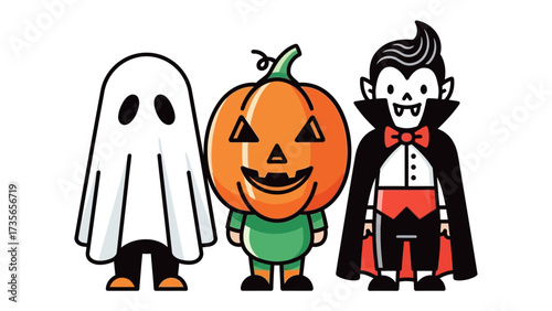 Happy Halloween: A vibrant trio of spooky icons - a charming ghost, a grinning jack-o'-lantern, and a dashing vampire - stand together in a cartoon-like rendition, perfect for themed celebrations.