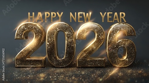 Luxury golden 3D 'Happy New Year 2026' with metallic shine, glittering glitter dust and elegant lights on dark grey background, festive modern design symbolizing celebration and success