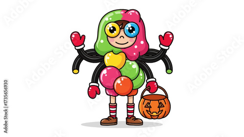 A Playful Character in a Festive Garb: A whimsical character, joyfully prepared for Halloween with an elaborate, cartoonish costume with vibrant colors, carrying a pumpkin-shaped basket for candies. 
