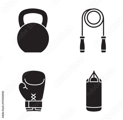 Illustrated black silhouette fitness equipment icon set for workouts and training exercises