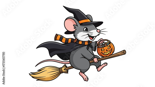 Whimsical Halloween Mouse: A cheerful mouse, dressed as a witch and riding a broom, merrily cruises through the Halloween night. with festive spirit, carrying a carved pumpkin filled with treats