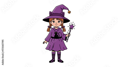 Whimsical Witch: A charming young witch, adorned in a vibrant purple outfit, holds a sparkling wand, embodying the enchantment and wonder of fantasy. 