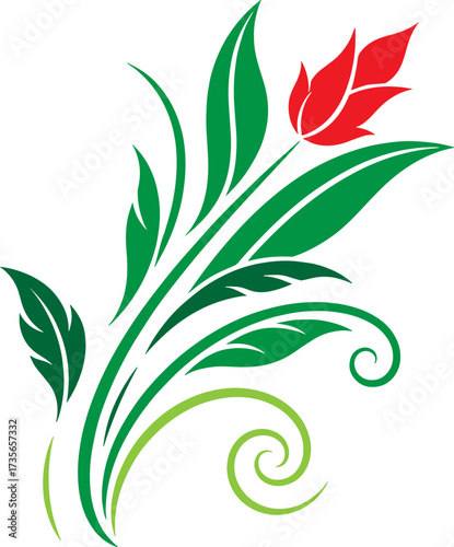 Elegant red flower with green leaves and swirling stems floral design element