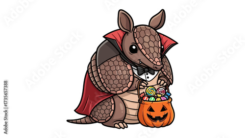 Armadillo Halloween Costume: An illustrated armadillo character joyfully dressed in a Halloween costume, surrounded by pumpkin and candies, embodying the spirit of the spooky season.