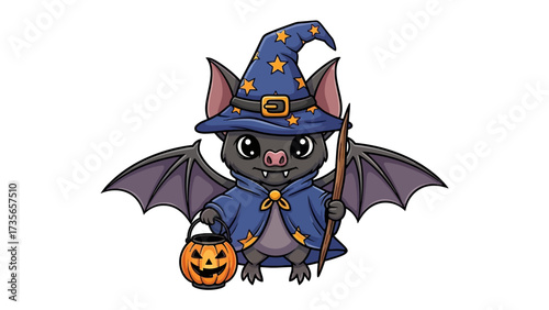 Spooky Halloween Bat: A whimsical illustration of a cartoon bat, donning a wizard hat and cape, holding a carved pumpkin lantern and a magic wand, exuding the spirit of Halloween.