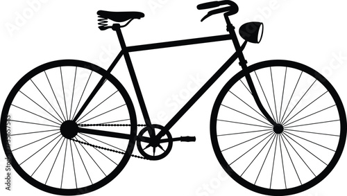 Black silhouette of a vintage bicycle with a headlight on white background bike retro