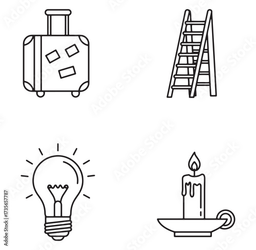 Minimalistic black and white icons representing travel ideas illumination and inspiration