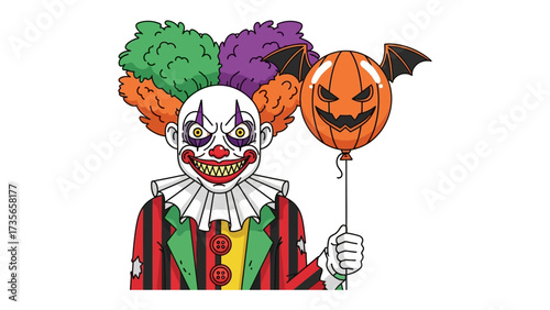 Sinister Clown with Jack-o'-lantern Balloon: A chilling illustration features a sinister clown with multicolored hair, terrifying makeup, and a menacing grin, holding a Halloween-themed balloon.