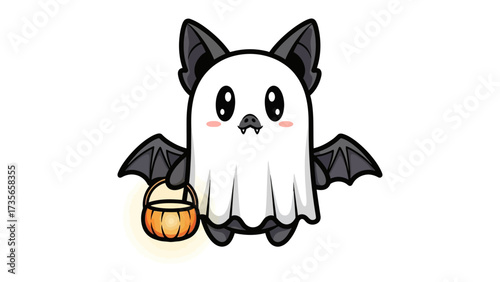 Halloween Bat with Basket: A whimsical illustration features a cheerful bat dressed as a ghost, holding a pumpkin basket, perfect for Halloween themed designs.