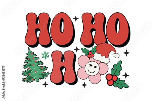 Ho Ho Ho Retro Christmas T-Shirt with Smiley Flower and Santa Hat