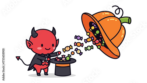 The Mischievous Trick: A playful depiction of a whimsical devil, conjuring a cascade of candies from a Halloween pumpkin. An artistic representation of the season's charm.