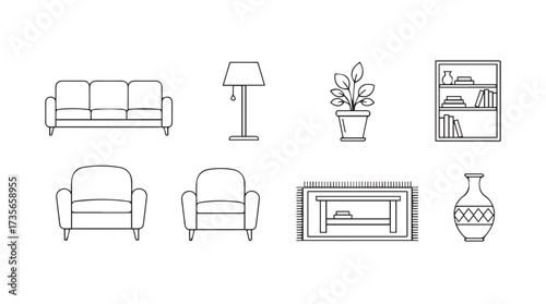 Set of hand-drawn interior design elements furniture decor objects line art style vector