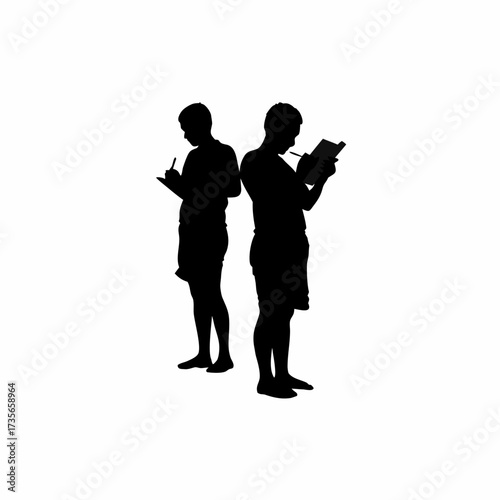 Silhouette of villagers practicing writing on wooden boards isolated on white background