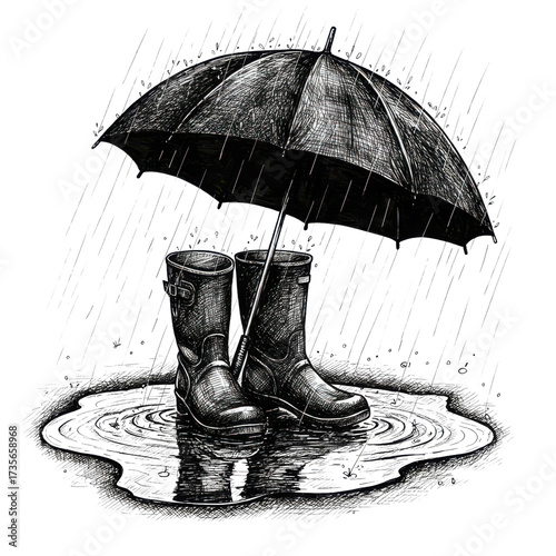 Vintage engraved illustration of rubber boots and umbrella standing in a reflective puddle during rain. isolated PNG with Transparent Background