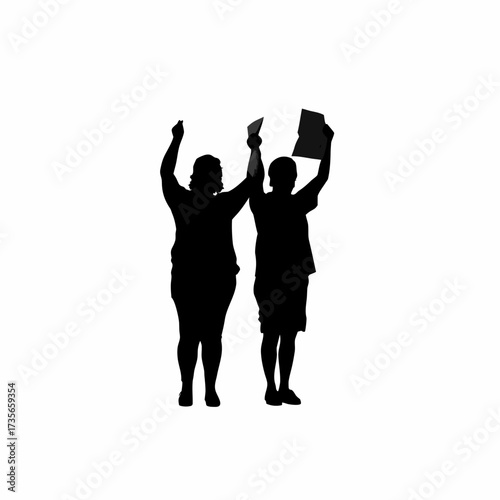 Villagers proudly showing completed writing exercises silhouette isolated on white background