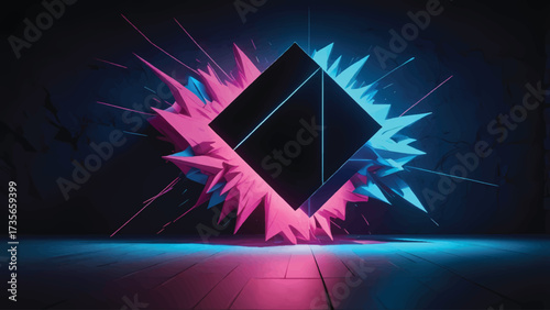 Abstract 3D Exploding Cube with Spiky Geometric Shapes in Neon Pink and Blue Light	