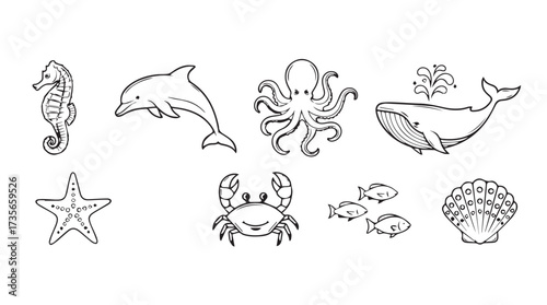 Collection of hand-drawn marine life icons featuring dolphin octopus whale seahorse and shell vector