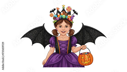 Halloween Princess: A charming child dressed as a bat princess, radiant in a purple dress and a playful candy crown, joyfully holds a festive jack-o'-lantern basket.