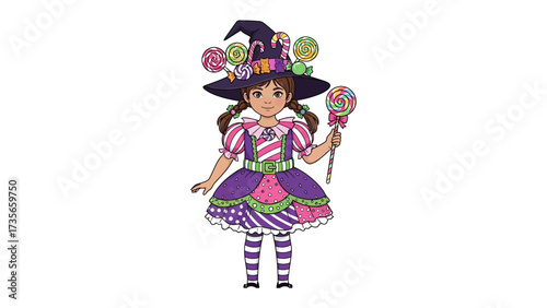 Candy Witch: A whimsical illustration showcases a charming witch adorned with candy-themed decorations. The witch is an alluring figure, dressed in colorful attire and a whimsical hat.