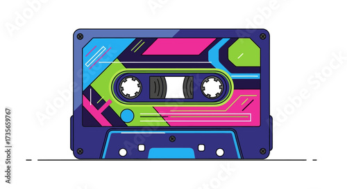 Colorful illustration of a retro audio cassette tape with geometric shapes and vibrant colors.