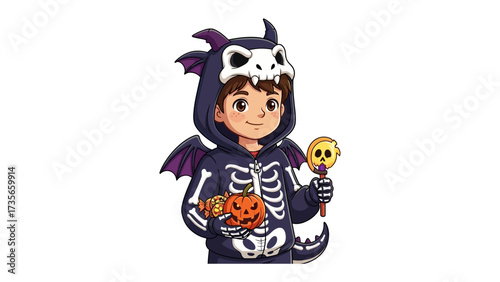 Halloween Costume: A charming illustration of a youthful individual, donned in a playfully spooky dragon-themed costume, embraces the spirit of Halloween with a jack-o'-lantern and sweet treats. 