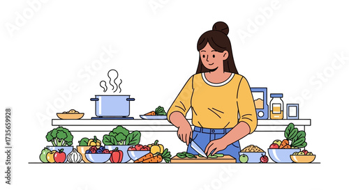 A woman prepares a healthy meal in a kitchen, chopping vegetables with a knife.