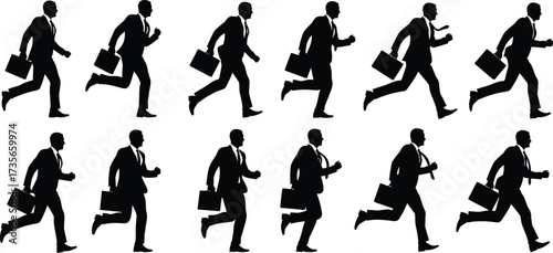 Business running silhouettes, briefcase motion, suit and tie, animation frames, dynamic movement, urgency, corporate action, black icons, professional pace, illustration