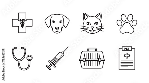 Hand drawn veterinary icons set featuring dog cat stethoscope syringe and paw print vector