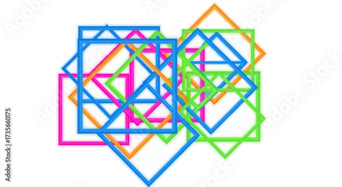 Abstract arrangement of colorful, overlapping squares in various sizes and orientations.