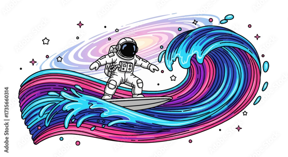 Obraz premium An astronaut surfs a colorful wave that blends into a galaxy background with stars.