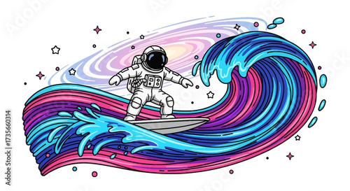 An astronaut surfs a colorful wave that blends into a galaxy background with stars.
