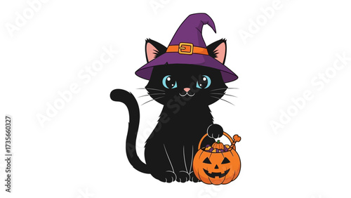 Halloween Cat with Pumpkin Basket: A charming cartoon illustration captures a black cat adorned in a whimsical witch hat, tenderly clutching a festive pumpkin basket.
