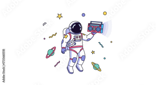 An astronaut floats in space, holding a retro boombox, surrounded by planets and stars.