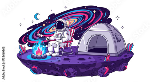 An astronaut camping on a celestial body, enjoying a campfire under a vibrant galaxy.