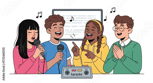 Four diverse friends singing karaoke together, enjoying music and having fun with microphones.