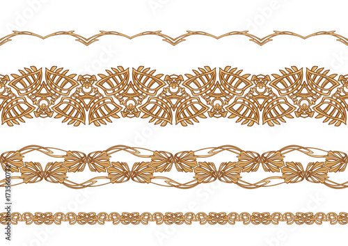 Decorative flowers and leaves in art nouveau style, vintage, old, retro style. Seamless border pattern, background, frame. Vector illustration. In art nouveau style, vintage, old, retro style.