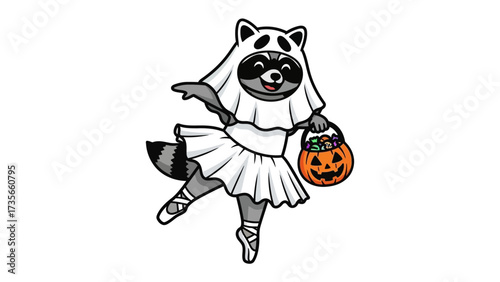 Raccoon's Halloween Ballet: A charming illustration captures a raccoon in a ballerina pose. The masked raccoon wears a Halloween costume, holding a carved pumpkin candy basket.