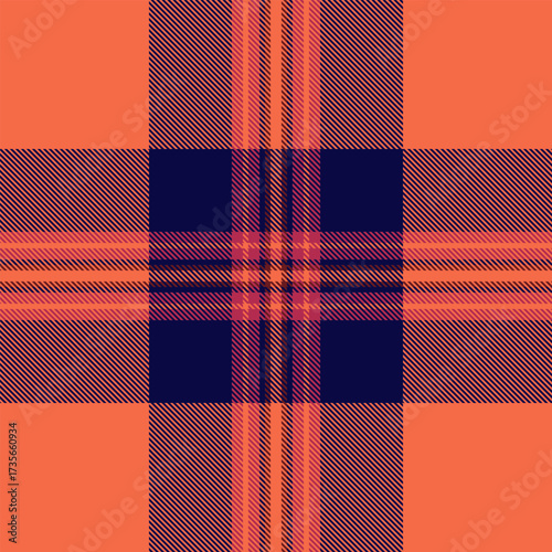 Vibrant plaid pattern featuring bold geometric lines in shades of orange and navy. A classic design ideal for backgrounds, textiles, or digital artistry.