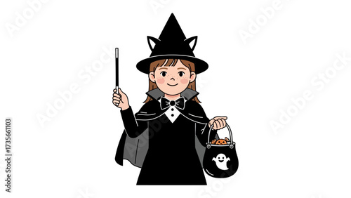 Halloween Witch: A charming young witch, radiating innocence, clutches a magical wand and a pumpkin-filled treat bag, her attire capturing the spirit of the spooky season. 