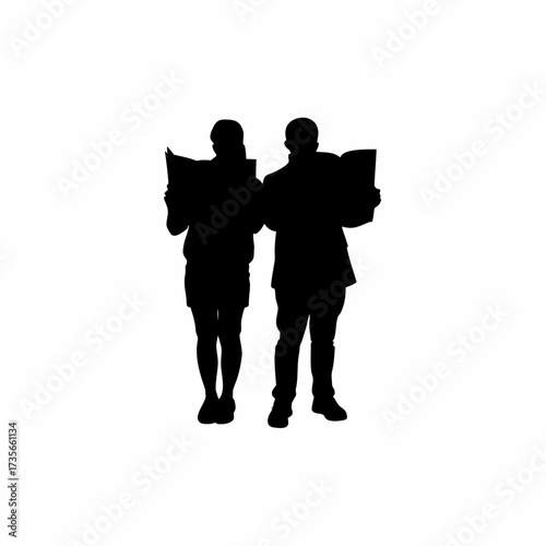 Silhouette of villagers reading newspapers with trainer s support isolated on white background