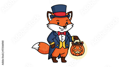 Fox in costume: A dapper fox, garbed in a fancy outfit, smiles warmly while holding a glowing Jack O'Lantern, an illustration perfectly suited for the occasion.